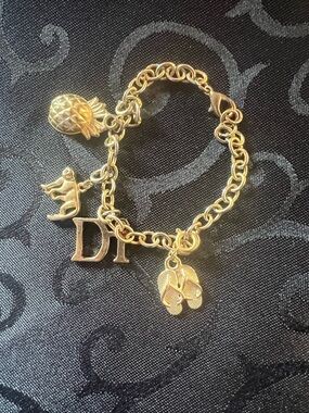Vintage Gold Tone Charm Bracelet with 'DI' Letter and Tropical Charms